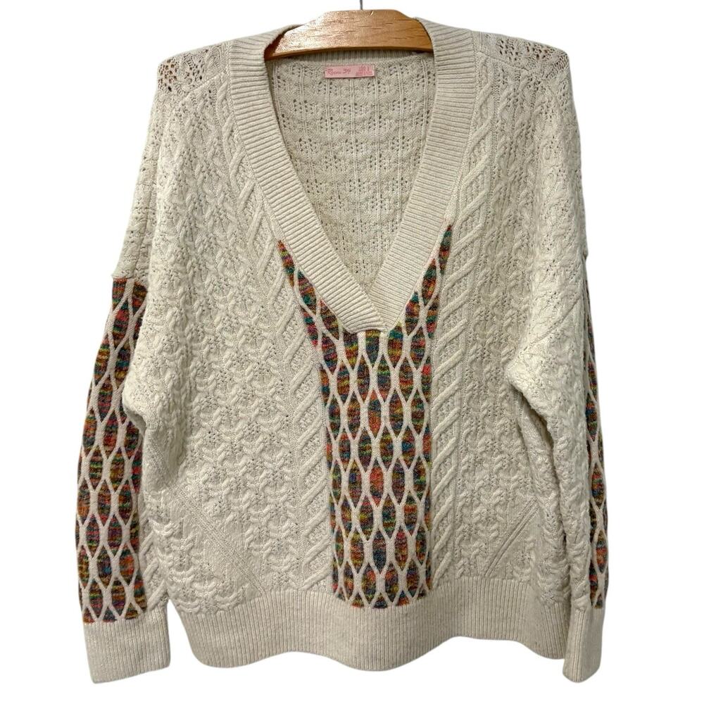 Room 34 | Pullover Sweater V-Neck Feminine Preppy Cream- Size Large